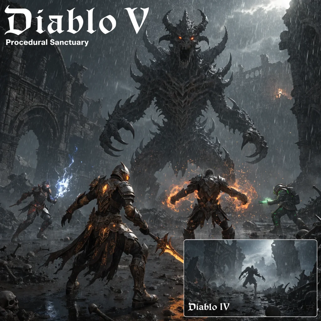 A detailed PC gaming screenshot showing Diablo 5’s multiplayer gameplay in the procedurally-generated Sanctuary world with cooperative players, comparing visuals to Diablo 4, released in 2029.