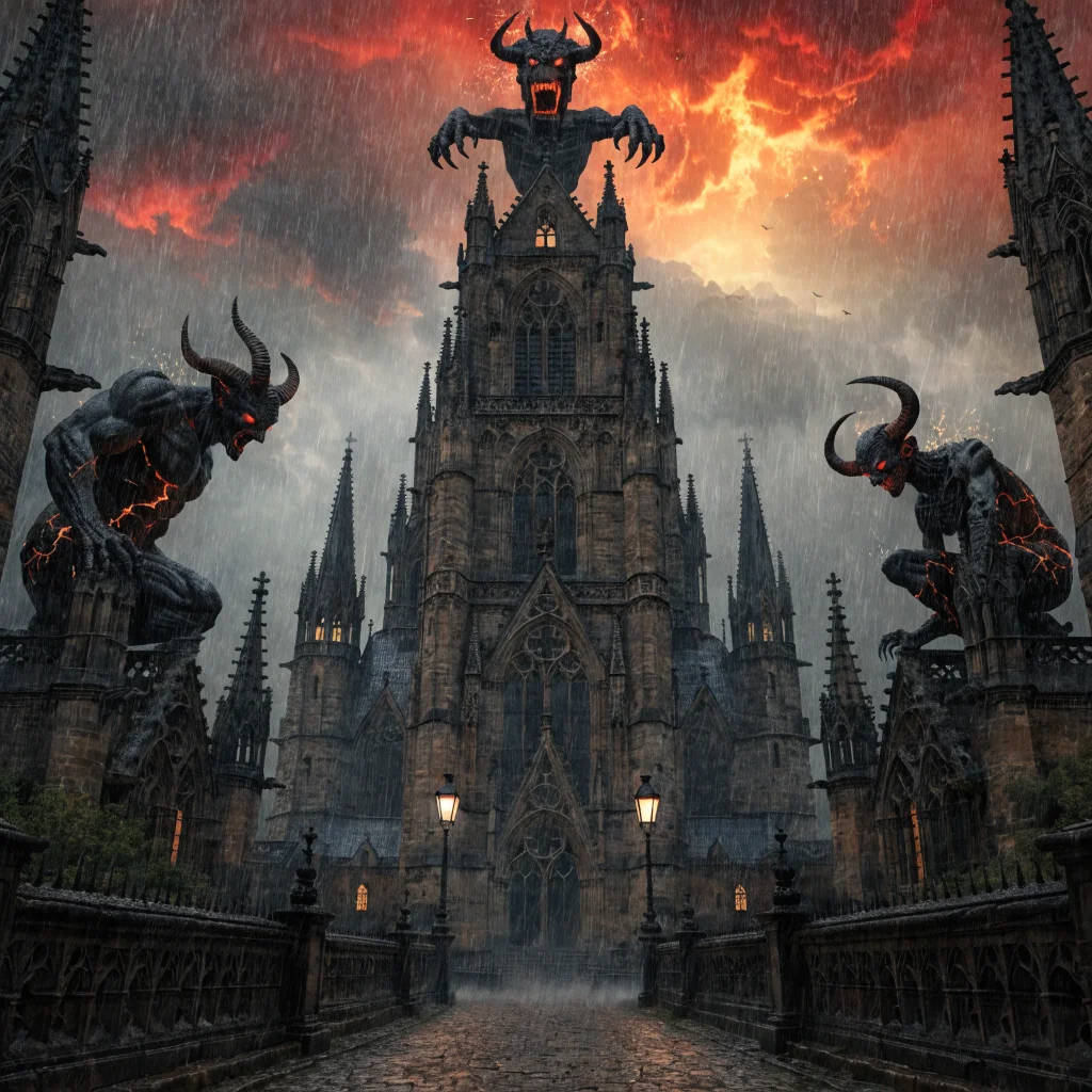 A realistic photo of a medieval cathedral with dark, fiery skies, featuring demonic statues representing Prime Evil characters from Diablo 4’s Season of Hell's Legacy.