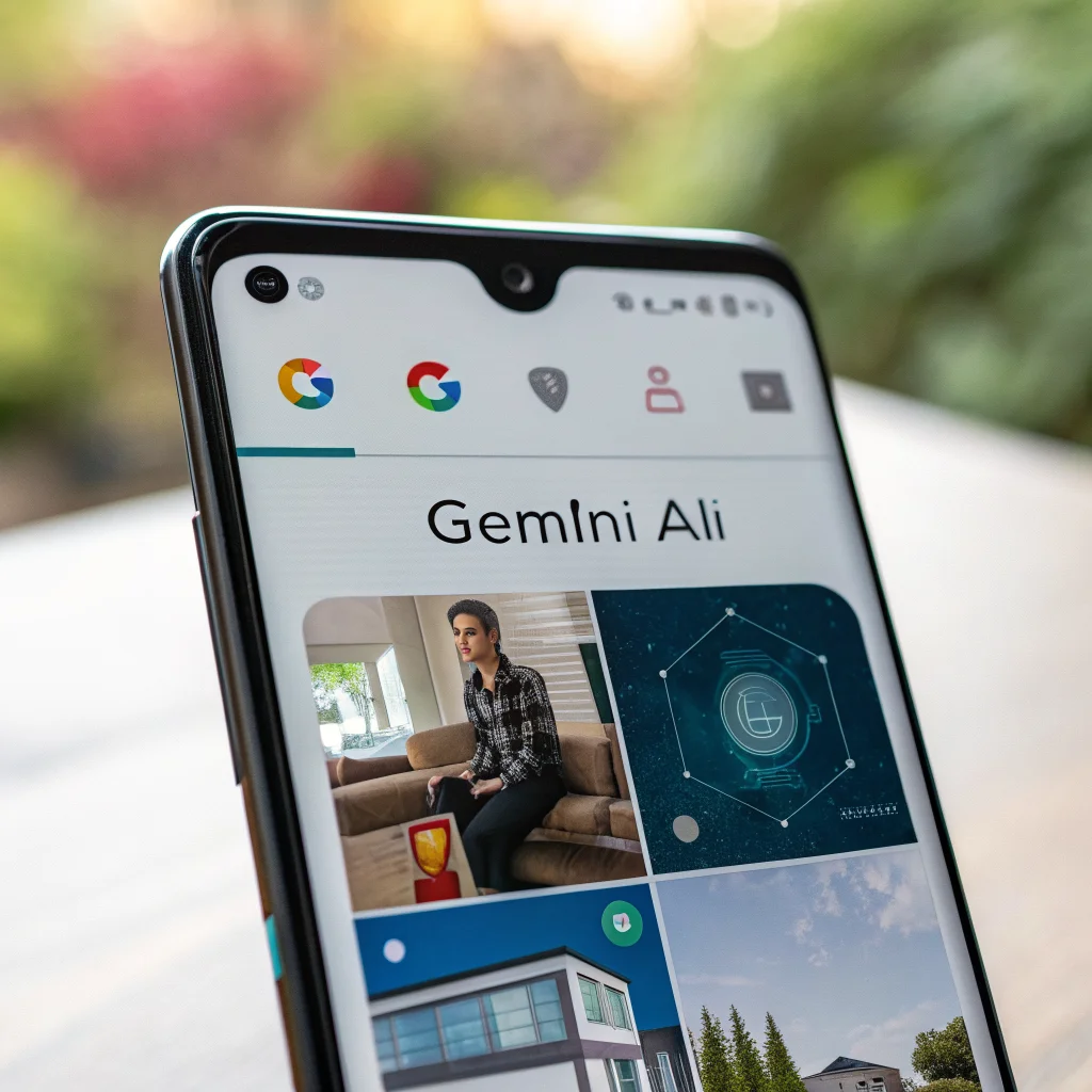 A realistic photo of an Android smartphone screen showing Google's Gemini AI assistant interface with security permission prompts and app function controls.