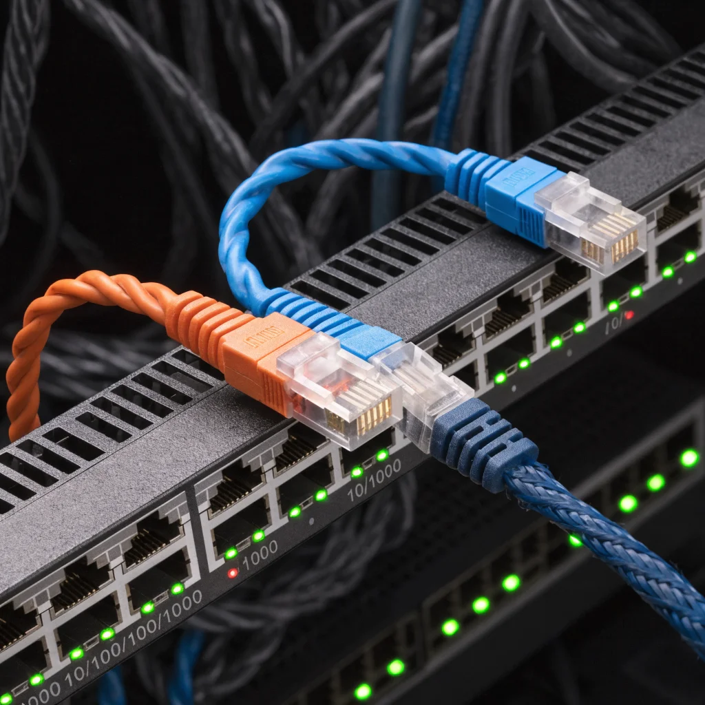 A close-up of various Ethernet cables (Cat5e, Cat6, Cat6a) connected to a gigabit Ethernet switch illustrating cable length and speed performance.