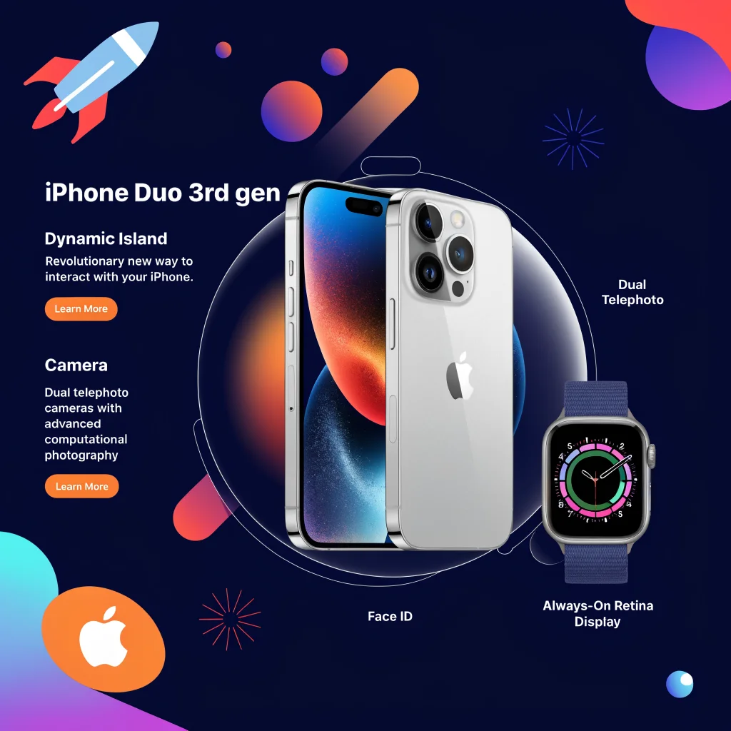 A sleek iPhone Duo third generation with dual telephoto lenses and Face ID beside the latest Apple Watch Series 12 on a futuristic tech display.