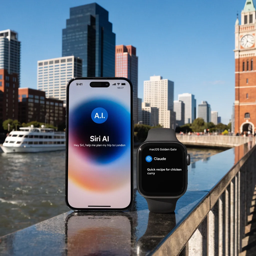 A realistic photo showing an iPhone 15 and Apple Watch Series 11 displaying Siri AI and Claude interfaces on iOS 27 and macOS Golden Gate.
