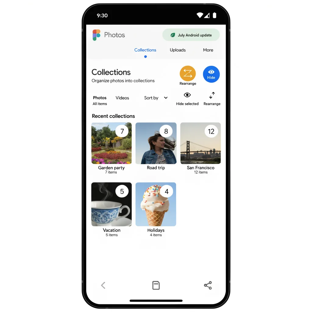 A smartphone screen showing the updated Google Photos Collections tab with redesigned toolbar and tools for rearranging and hiding items in the July Android update.