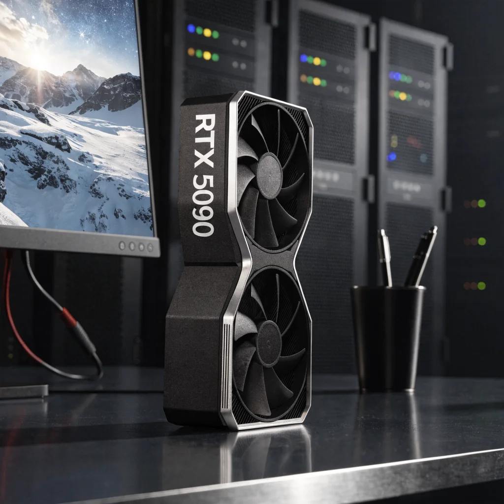 A realistic photo of the Nvidia GeForce RTX 5090 GPU displayed on a sleek desk with a 4K gaming monitor and AI data center servers in the background.