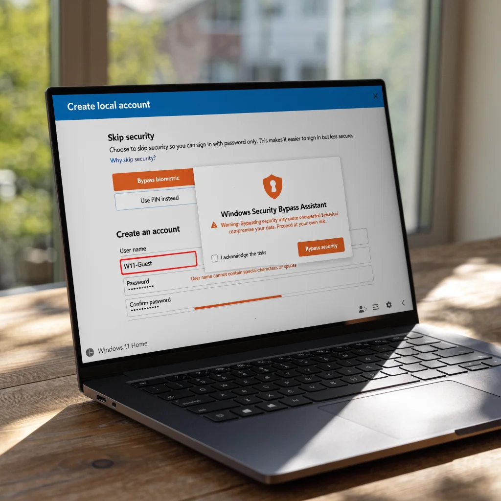 A close-up photo of a Windows 11 Home laptop screen showing a security bypass attempt during local account setup without Microsoft sign-in.