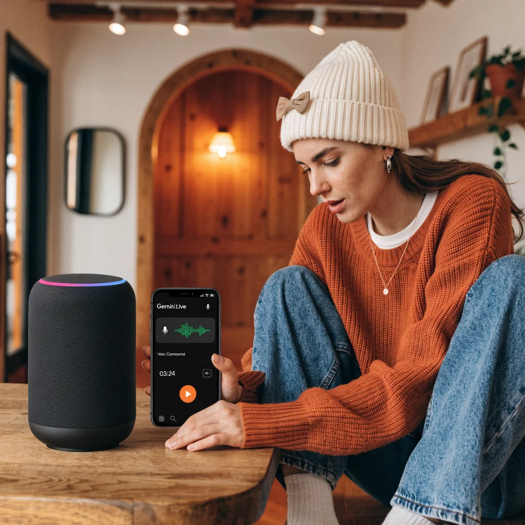A realistic photo of a person using a Google Nest smart speaker displaying Gemini Live interface with voice command and timer features on a smartphone.