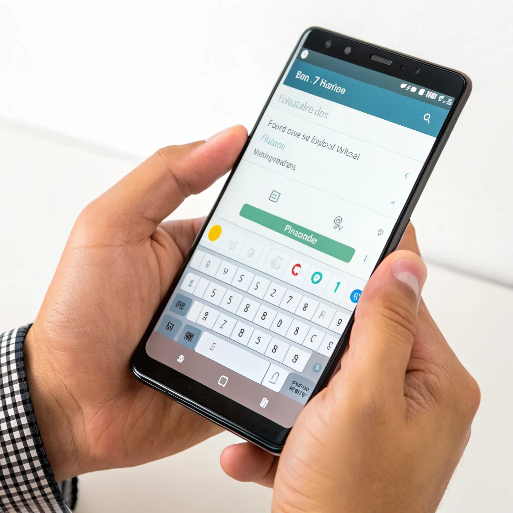 A person holding an Android smartphone using one-handed mode with the one-handed keyboard and gesture controls visible on the screen.
