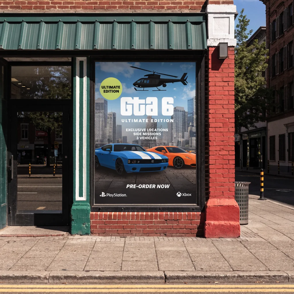 A realistic photo of a video game store display showcasing the GTA 6 Ultimate Edition with exclusive locations, side missions, three vehicles, and preorder information for PlayStation and Xbox.