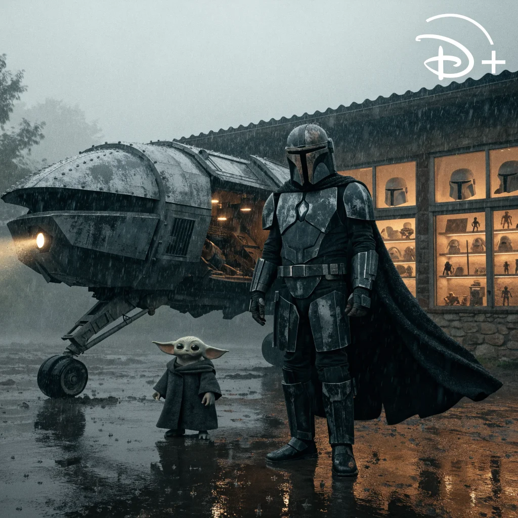 A realistic photo of Grogu and the Mandalorian standing near the Razor Crest spaceship with Star Wars memorabilia and a Disney Plus logo in the background.