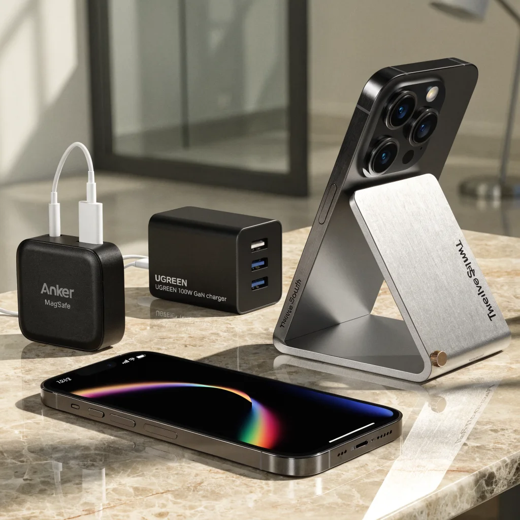 A realistic photo of a sleek iPhone 18 Pro with iOS 27, surrounded by premium charging accessories including Anker MagSafe charger, UGREEN 100W GaN charger, and Twelve South HiRise 2 stand.