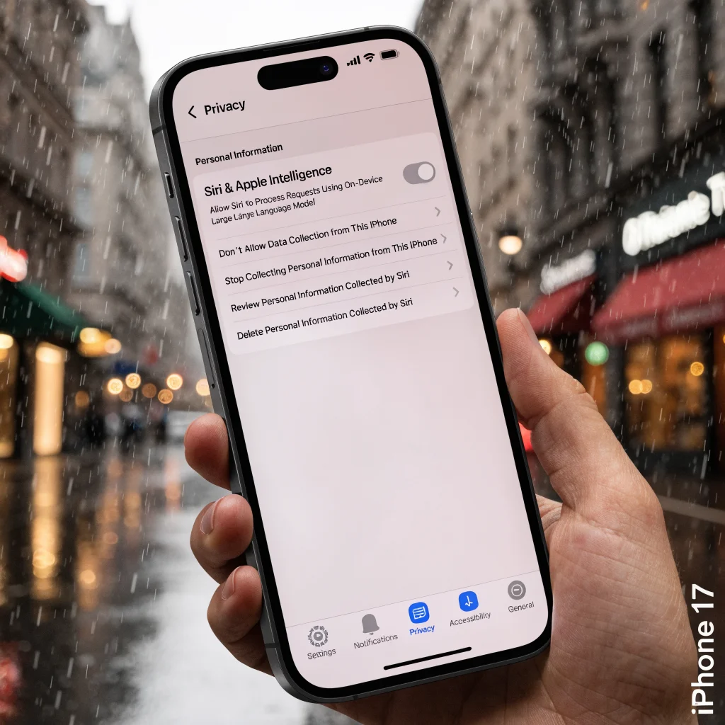A realistic photo of an iPhone 17 screen showing Siri privacy settings to disable data collection and protect personal information in Apple AI devices.