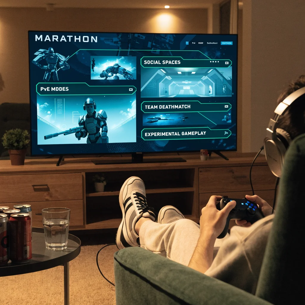 A realistic photo of a gaming console screen showing the updated Marathon game menu with new PvE modes, social spaces, and experimental Team Deathmatch gameplay features.