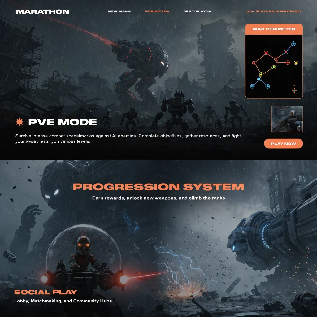 A detailed screenshot of Marathon multiplayer shooter update showing new PvE content, Perimeter map, progression system, and social gameplay spaces.