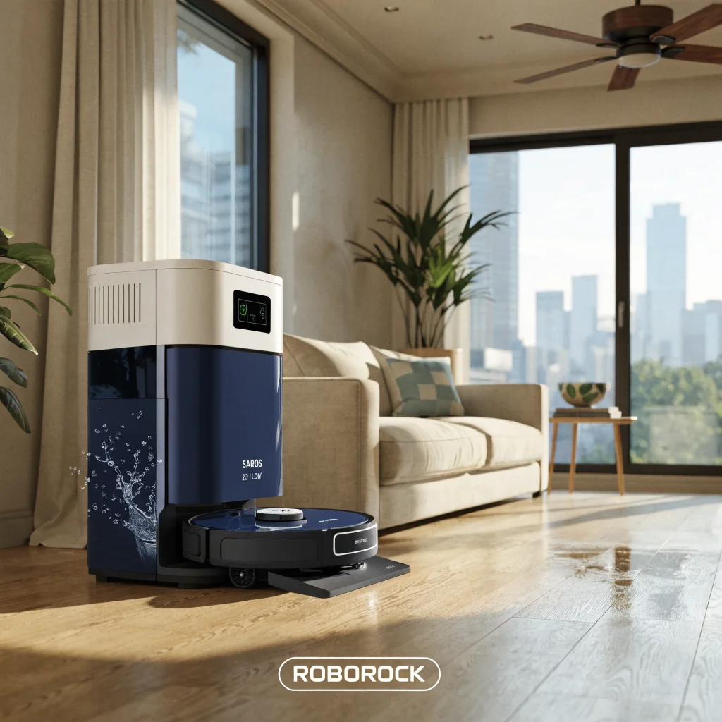 A sleek Roborock Saros 20 Flow robotic vacuum with mop docking station performing automatic smart home cleaning in a modern living room.
