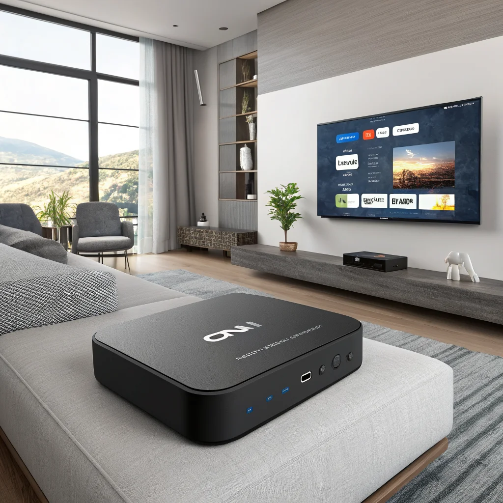 A sleek Onn 4K Pro streaming box with Dolby Vision and Google TV interface showcased on a modern living room setup.