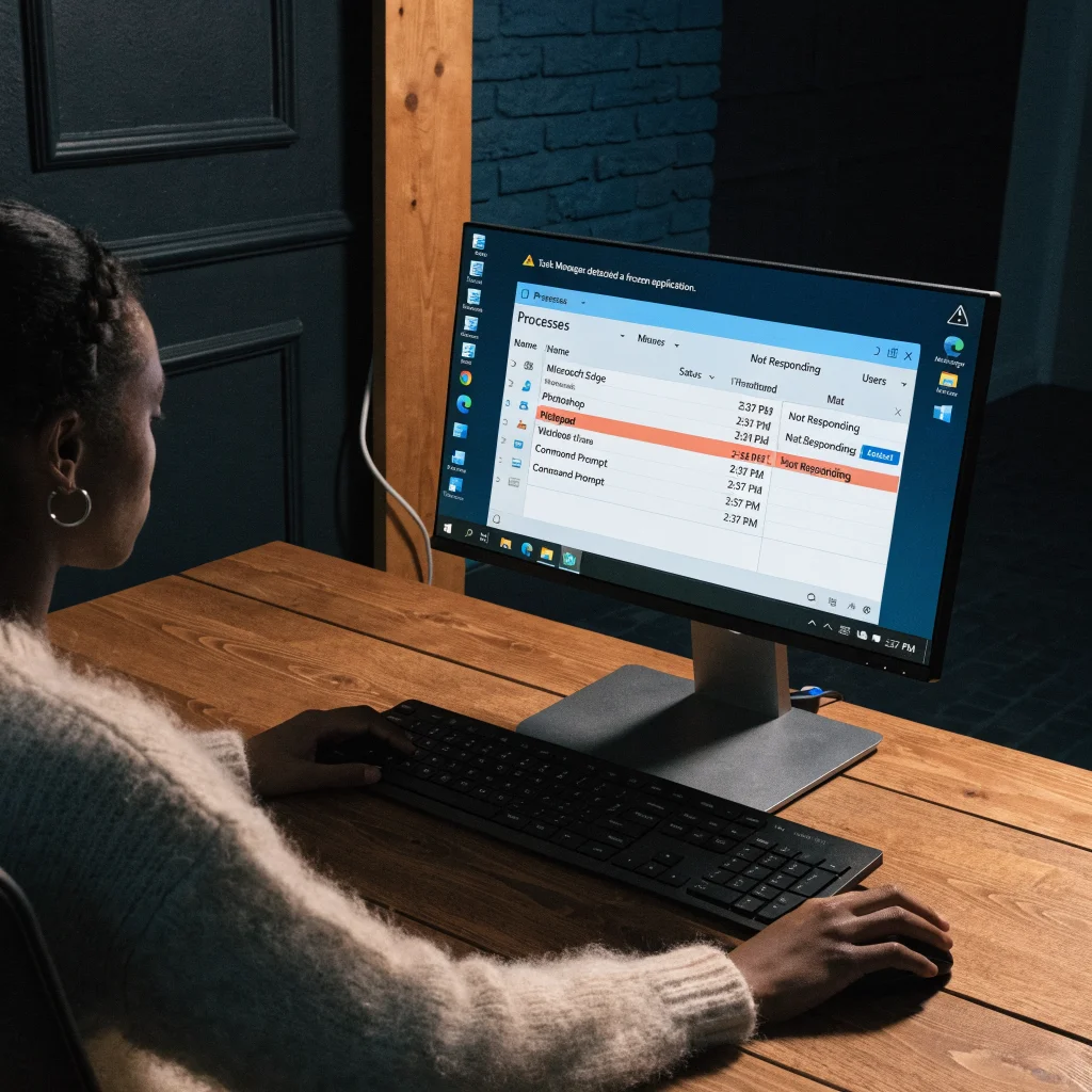 A person using Windows Task Manager on a computer screen to force quit unresponsive applications and restart Windows Explorer.