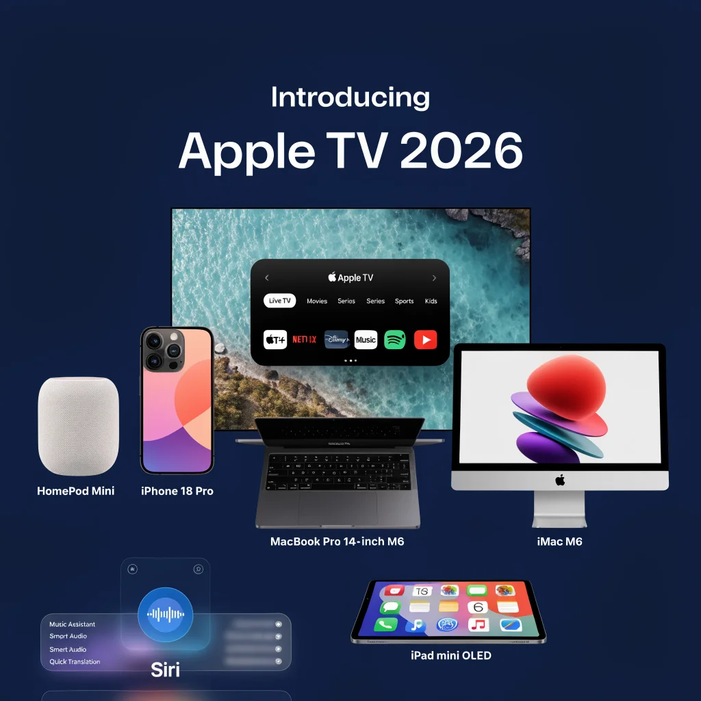 A sleek modern Apple product showcase featuring the new Apple TV 2026, HomePod Mini, iPhone 18 Pro, MacBook Pro 14-inch M6, iMac M6, iPad mini OLED, and Siri AI interface.