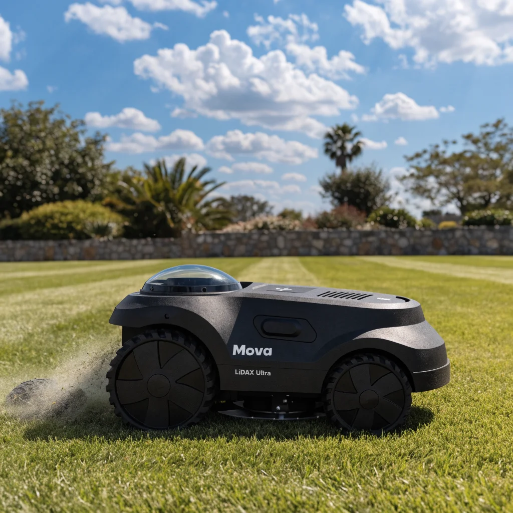 A smart Mova LiDAX Ultra robotic lawn mower efficiently cutting a large green lawn with easy maintenance features visible on a sunny day.