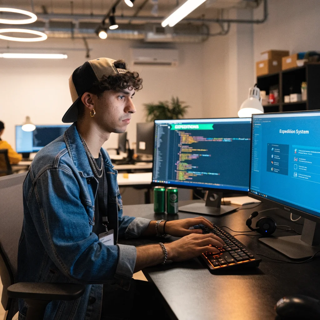 A realistic photo showing a game developer updating Arc Raiders’ Expeditions system with new challenges and features in a modern studio.