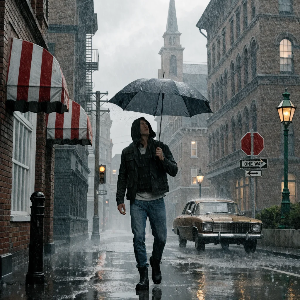 A photorealistic image of Leon Kennedy exploring Raccoon City in a non-horror mode inspired by Resident Evil 2 and Requiem video games.