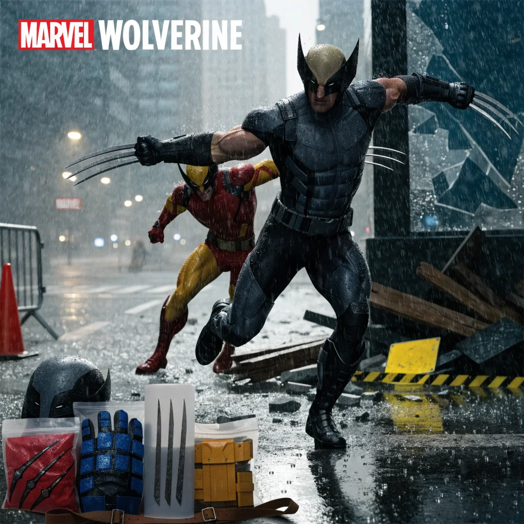 A detailed photo of Wolverine costumes and missions from the Marvel game, showcasing various suit designs and in-game materials for customization.