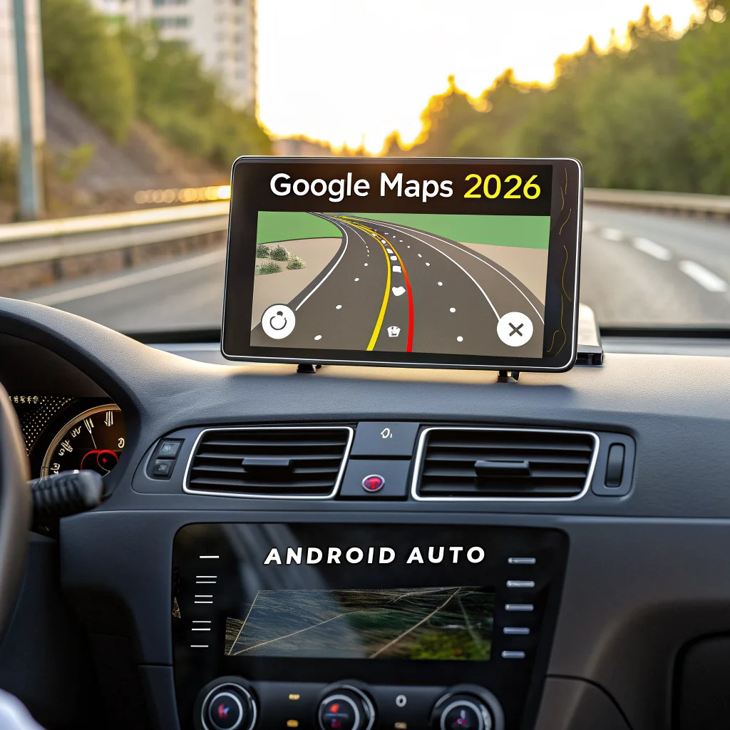 A realistic photo of a car dashboard displaying Google Maps 2026 on Android Auto with active GPS speedometer and visible traffic signs for driving safety.