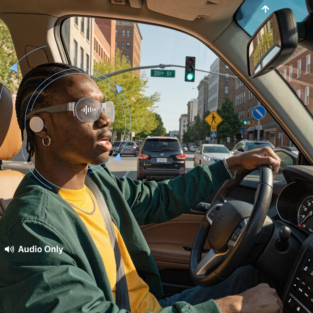 A person wearing Meta Display glasses with Audio Only mode, driving hands-free safely, showcasing the integration of AI detection and wearable device technology.