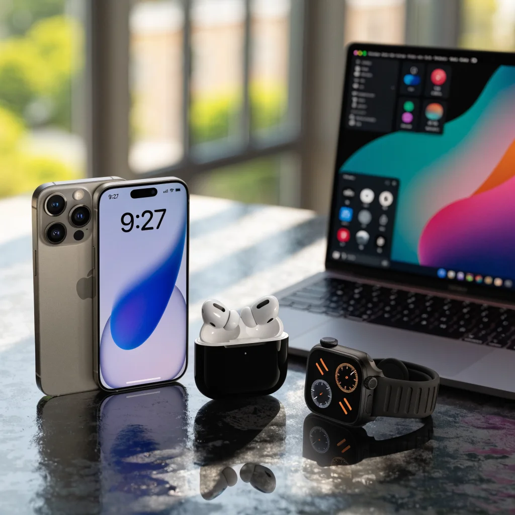 A realistic photo showing the latest Apple devices including iPhone 18 Pro, AirPods 5, Apple Watch Ultra 4, and MacBook running macOS Golden Gate with iOS 27 interface.