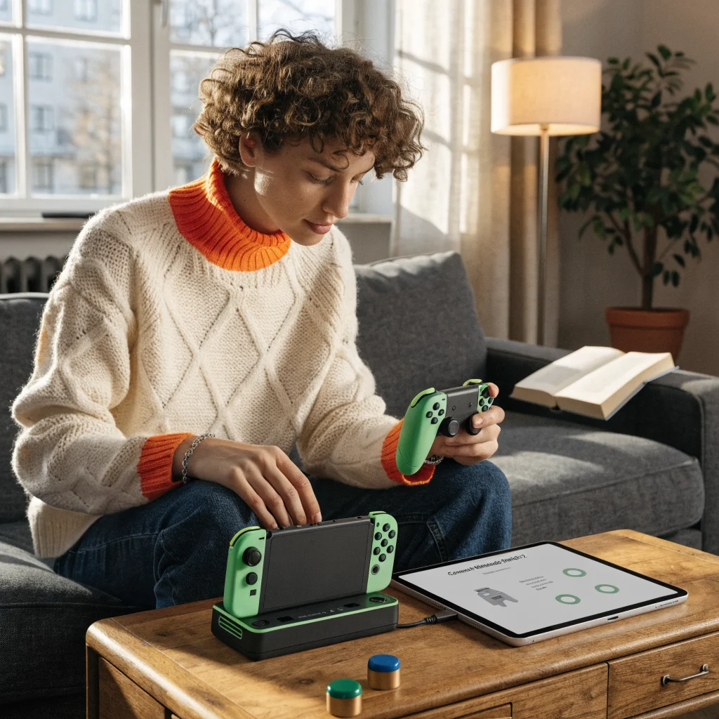 A person using an iPad Pro as an external display for gaming with a Nintendo Switch 2, showing setup steps on screen in a modern living room.