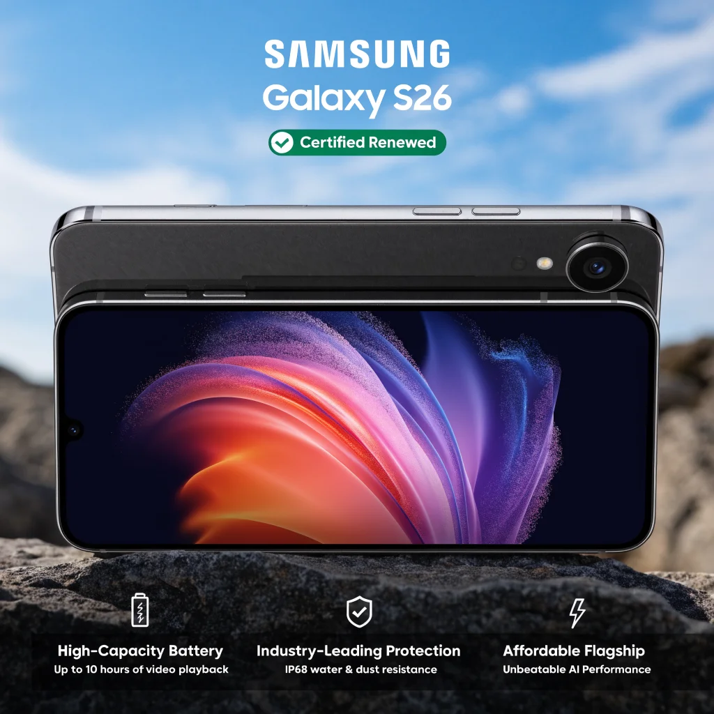 A realistic photo of a Samsung Galaxy S26 smartphone with a certified renewed label, highlighting battery, protection features, and affordable flagship options.
