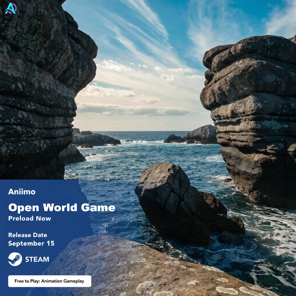 A realistic photo of the open-world game Aniimo running on Steam with a detailed preload screen showing a release date of September 15 and free-to-play animation gameplay.