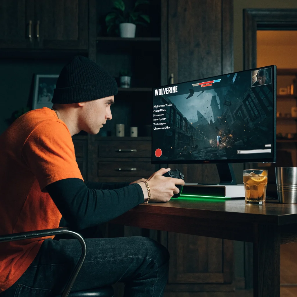 A realistic photo of a Marvel Wolverine video game player completing levels, showcasing Nightmare Trials, collectibles, New Game+, techniques, and character skins.