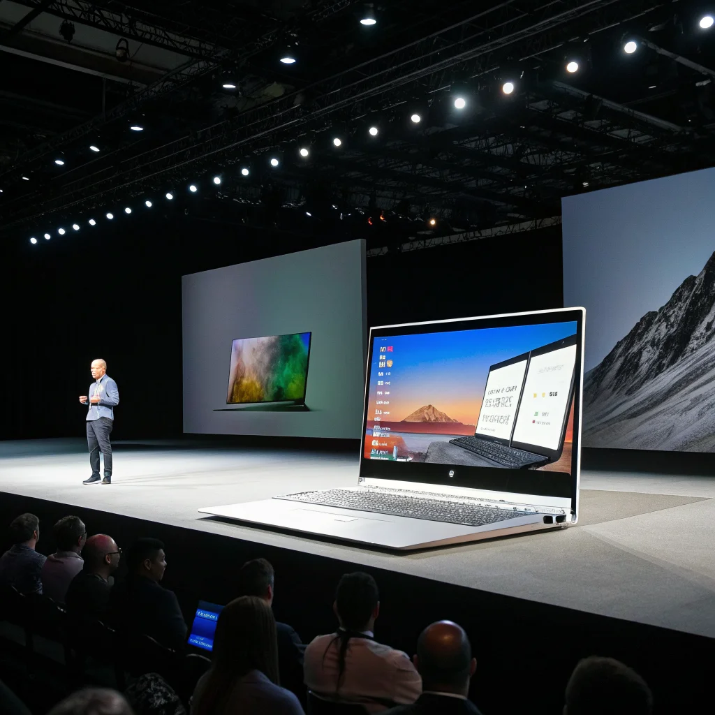 A sleek Googlebook laptop with 16:10 OLED screen and Magic Pointer AI assistant, displayed during its New York presentation, surrounded by Asus, Acer, Dell, HP, and Lenovo models.
