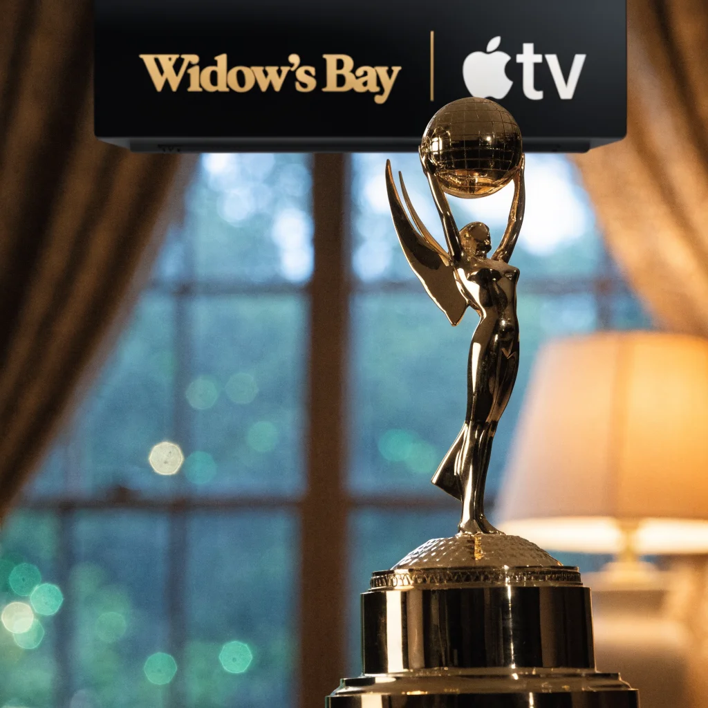 A close-up of an Emmy statuette with the Widow's Bay series and Apple TV logos on a streaming device in the background.
