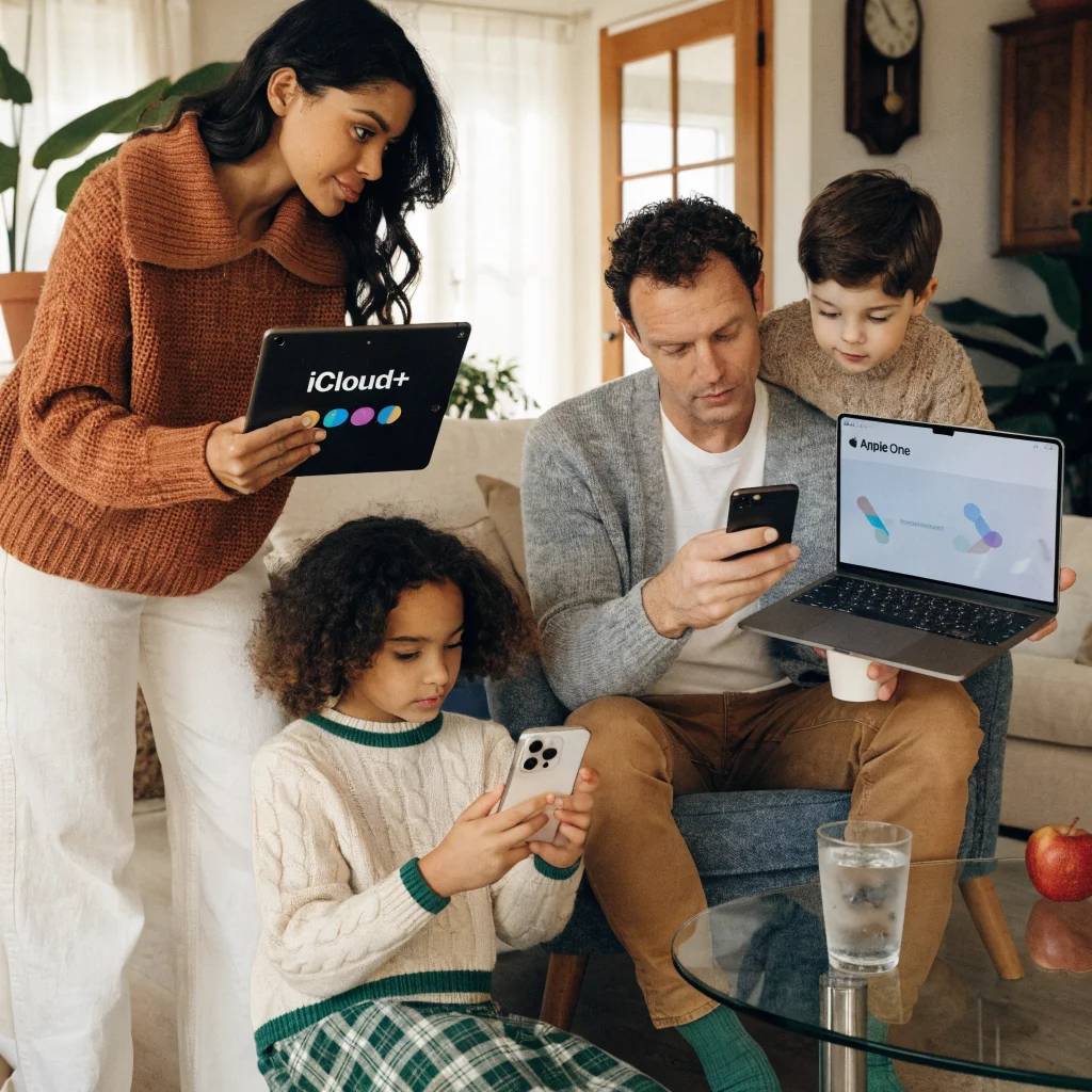 A family using multiple Apple devices to manage iCloud+, Apple One subscriptions, and Apple Music with shared features in a modern home setting.