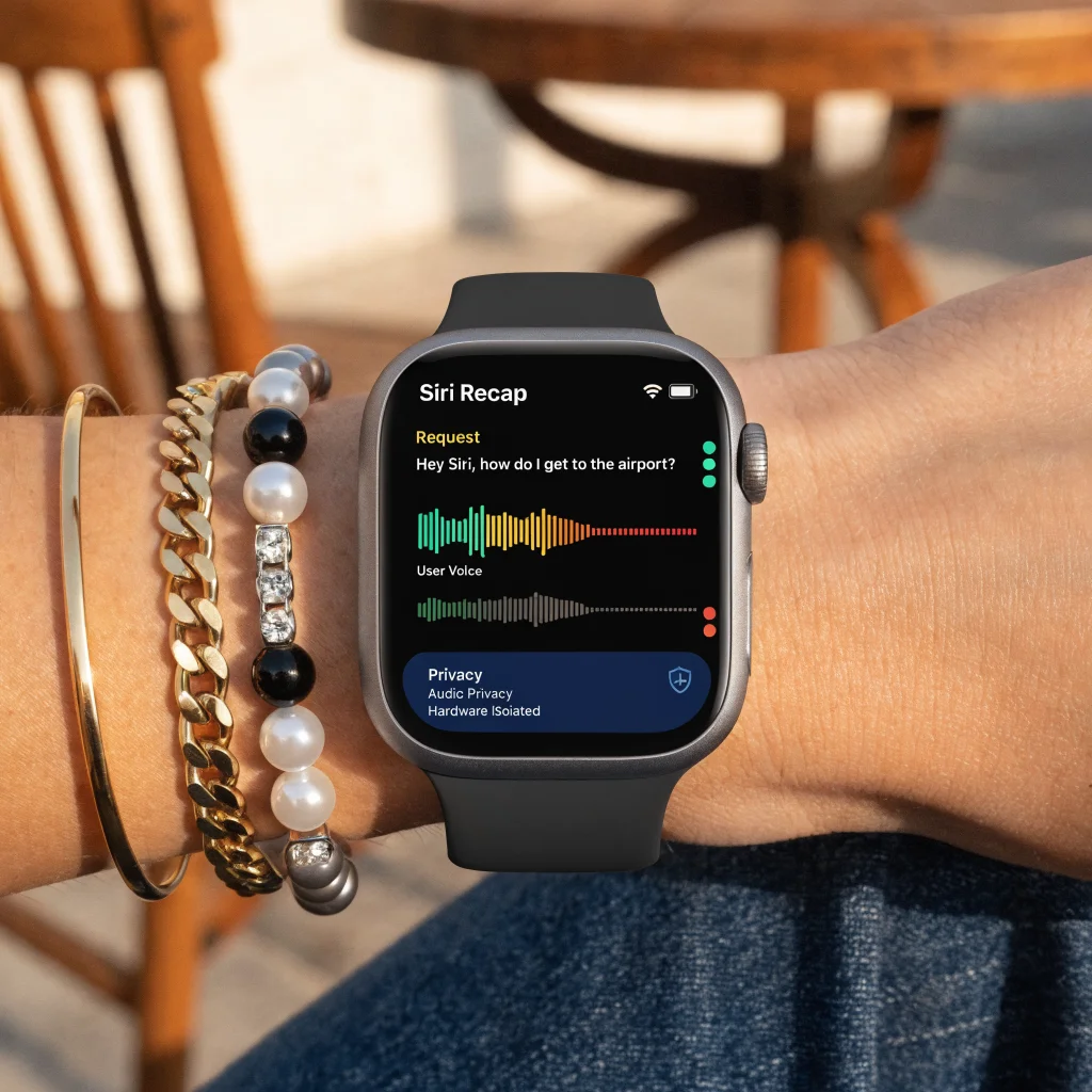 A close-up photo of an Apple Watch Series 12 displaying Siri Recap, highlighting enhanced audio privacy and hardware isolation features in a modern setting.