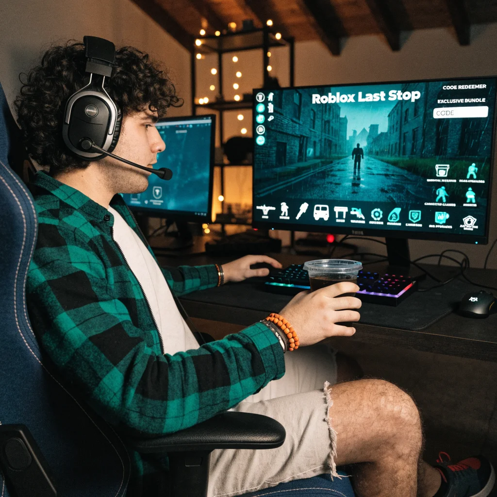 A realistic photo of a gamer playing Roblox Last Stop, showcasing in-game survival weapons, character classes, bus upgrades, and active code redemption on the screen.