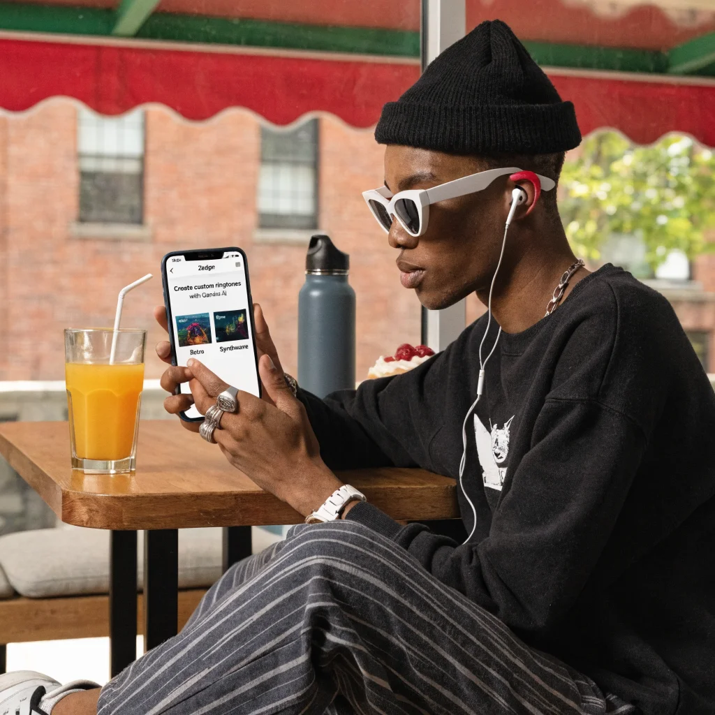 A person using the Zedge app on a smartphone to create custom ringtones with Gemini AI, illustrating AI's impact on digital innovation and the global economy.