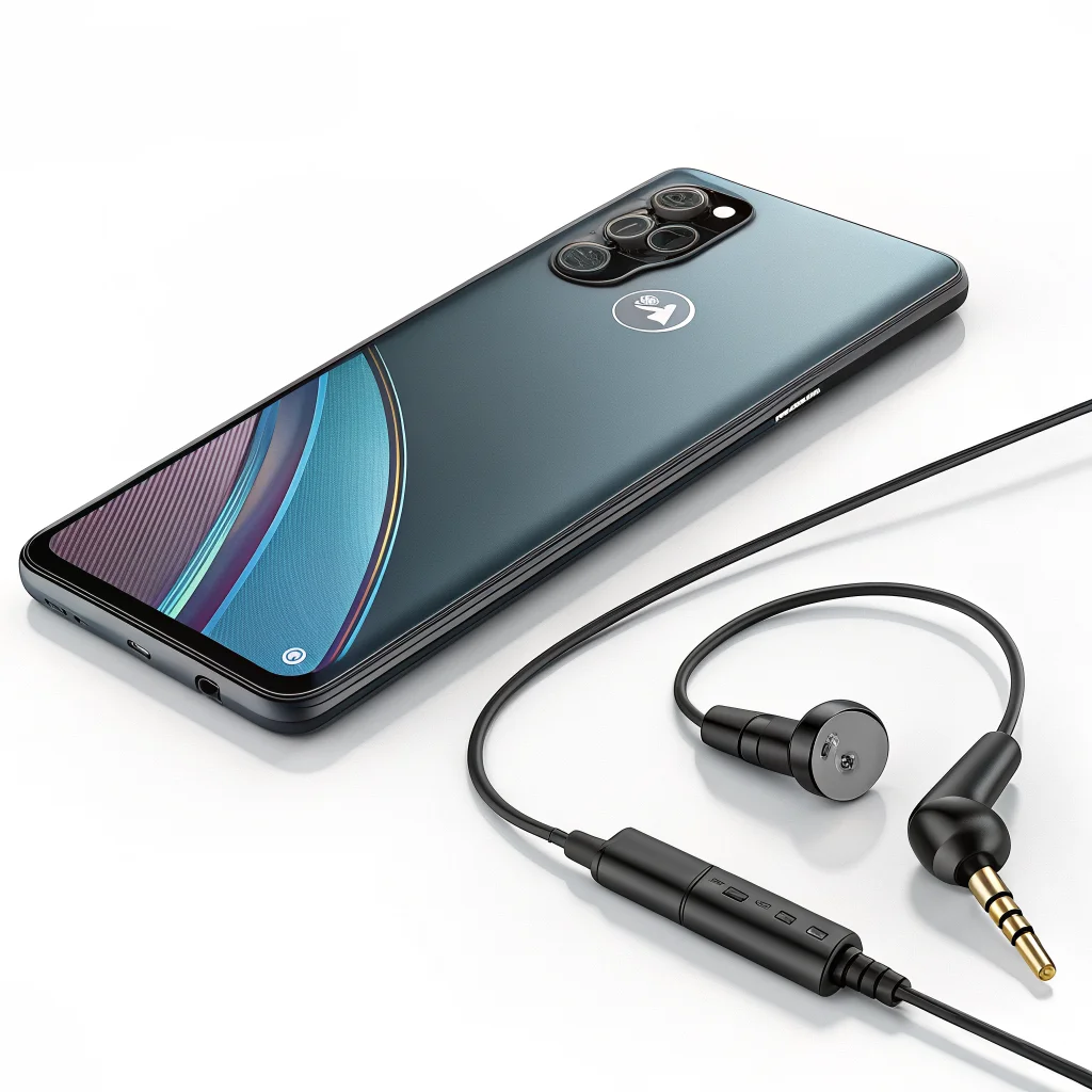 A realistic photo of the Moto G Power 2025 smartphone showcasing its large 6.8-inch 120Hz display, dual 50MP rear cameras, and sleek design with headphones plugged into the 3.5mm jack.