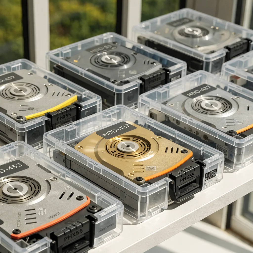 A close-up photo of vintage hard drives stored neatly inside Orico PHX5S anti-static cases, protected from dust and moisture on a clean shelf.