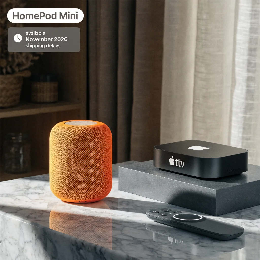 A close-up photo of an orange and yellow HomePod Mini next to an Apple TV with a remote control, highlighting November 2026 availability and shipping delays.