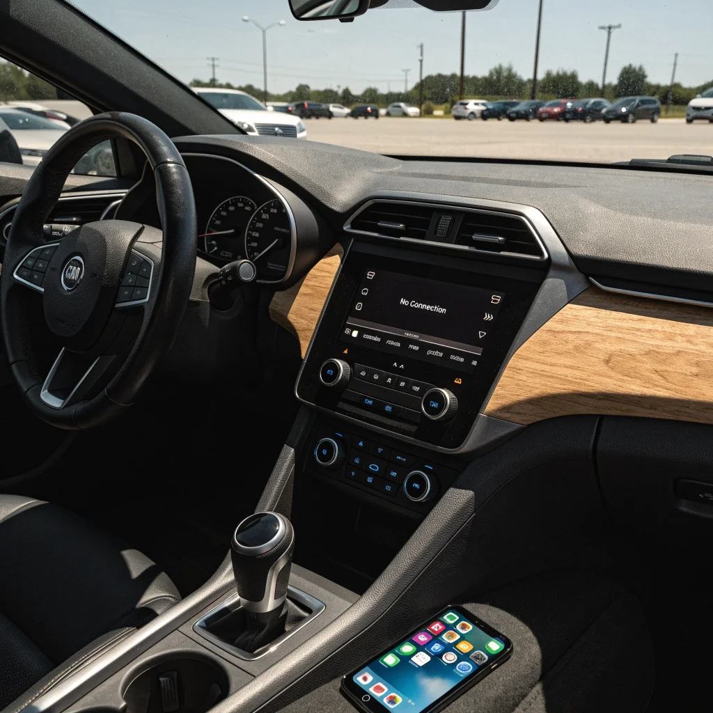 A General Motors gasoline car dashboard showing the absence of Apple CarPlay connectivity with an iPhone 15 nearby.