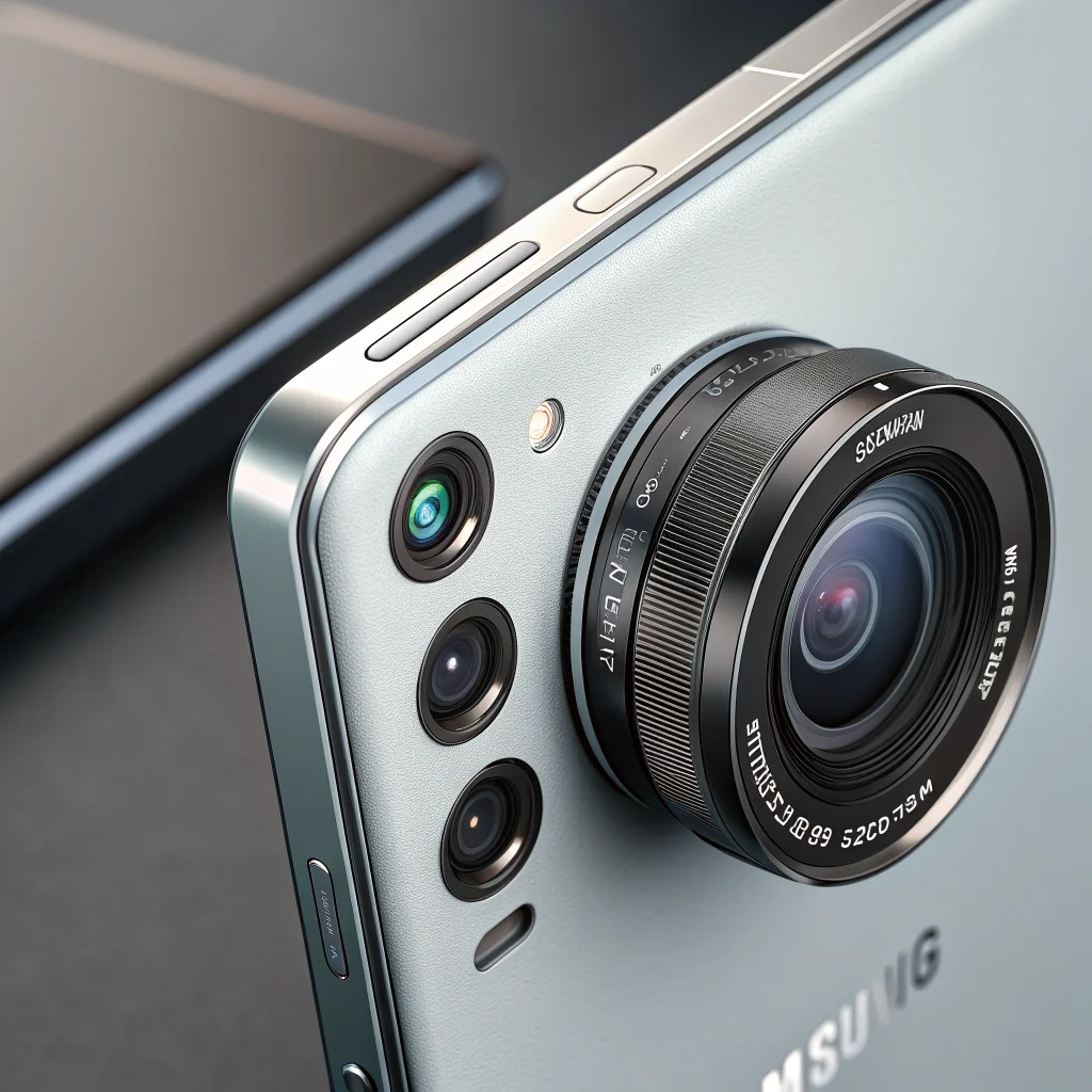 A close-up photo of a Samsung Galaxy S26 FE smartphone showcasing its 50MP camera and 3x optical zoom telephoto lens in a portrait photography setting.