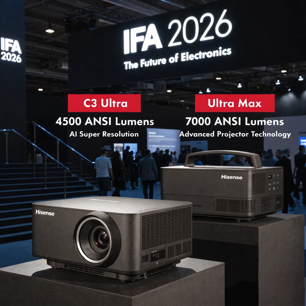 A realistic photo of Hisense C3 Ultra and Ultra Max projectors displayed at the IFA 2026 exhibition highlighting their ANSI lumens and advanced projection technology.