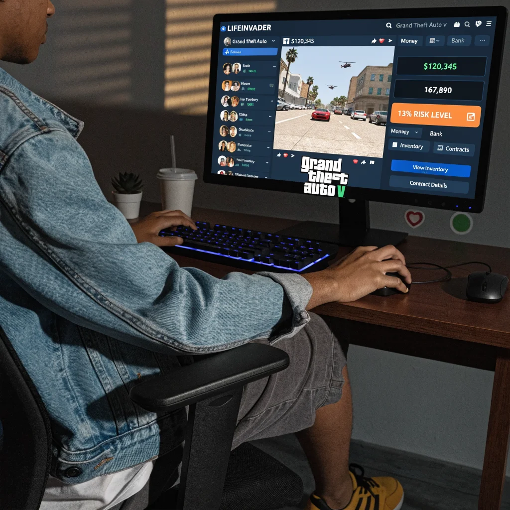 A realistic photo of a computer screen displaying a modded Grand Theft Auto 5 game featuring a LifeInvader parody of Facebook and an in-game economy interface.