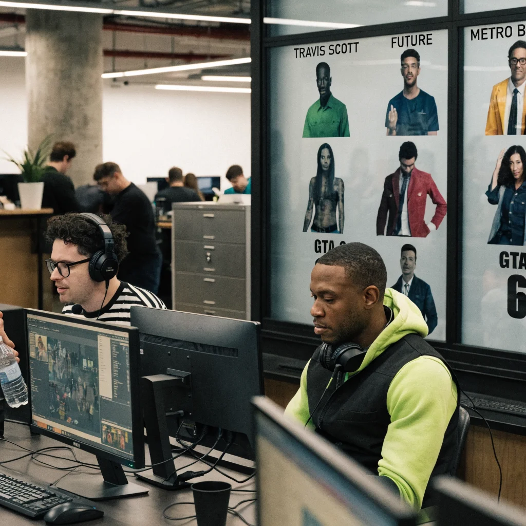 A realistic photo of Rockstar Games' studio featuring a display showcasing celebrity collaborations with Travis Scott, Future, Metro Boomin, and others for GTA 6.
