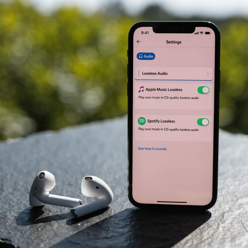 A close-up photo of an iPhone screen showing audio settings and AirPods beside it, highlighting high-quality lossless music playback on Apple Music and Spotify.
