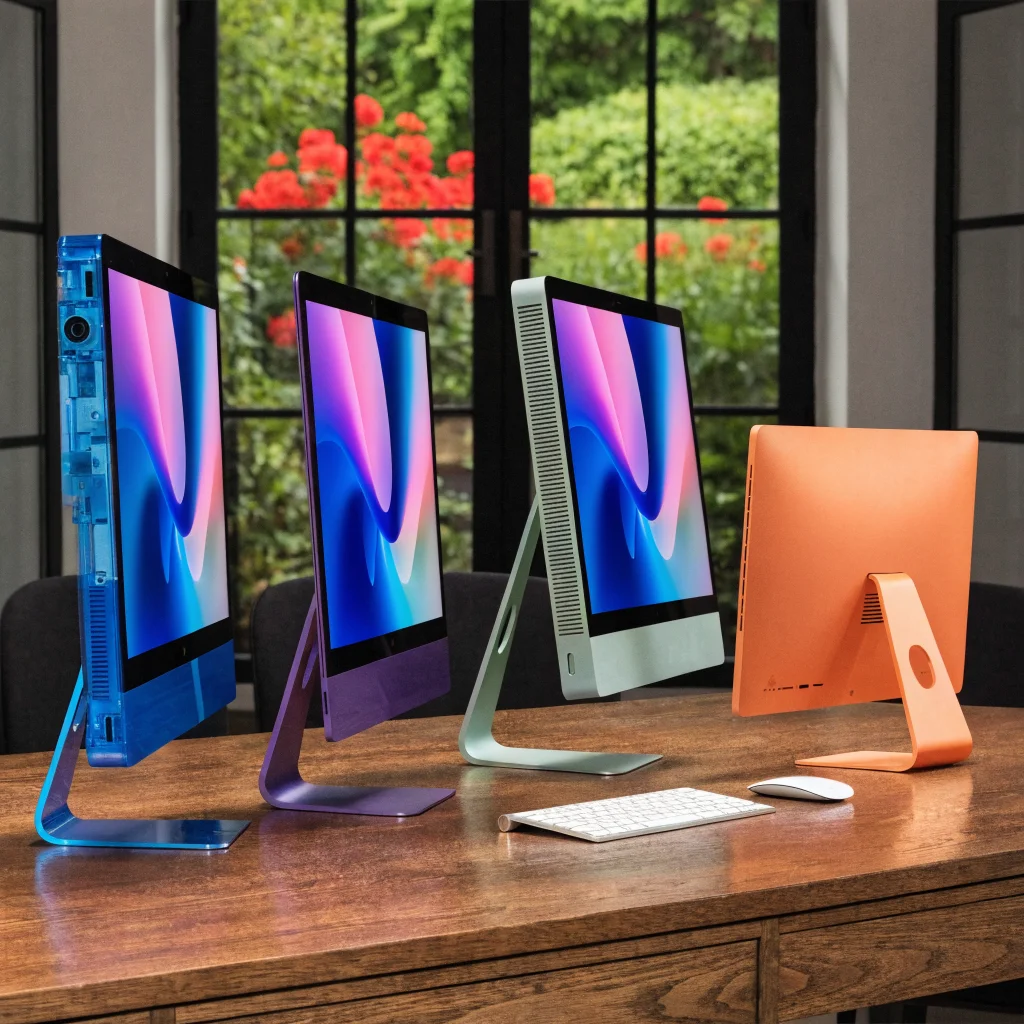 A realistic photo of vintage Apple iMac models from 21.5 to 27 inches displaying Intel and Apple Silicon designs with colorful 2024 finishes on a wooden desk.
