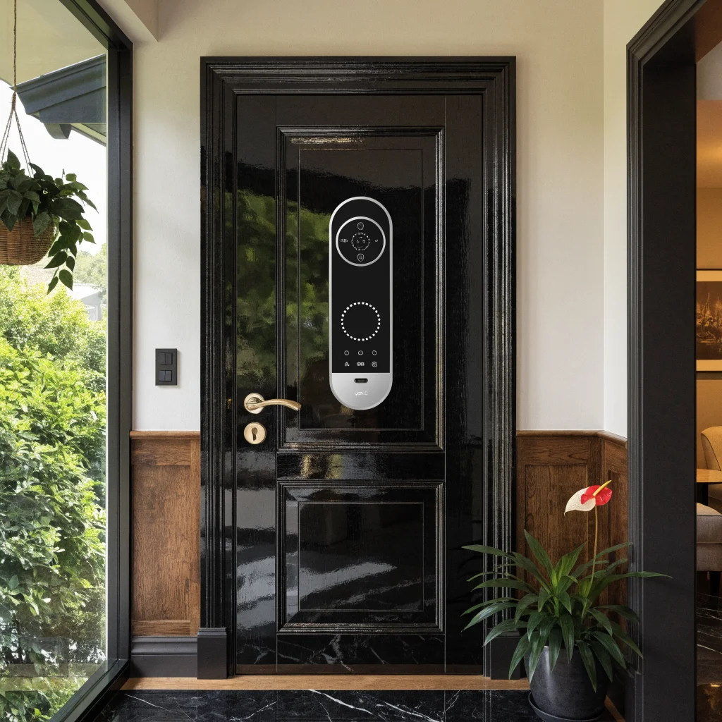 A modern home entrance door with Aqara U400 smart lock featuring UWB, fingerprint recognition, USB-C emergency port, and Apple Home compatibility in a smart home setting.