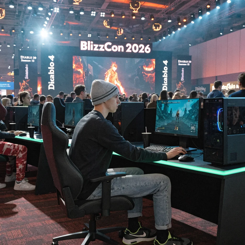 A realistic photo of a large gaming convention booth at BlizzCon 2026 showcasing Diablo 4 Season 15, with fans playing and promotional banners for Diablo’s 30th anniversary.